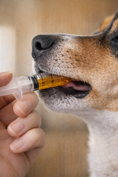 Podávání sirupu psovi